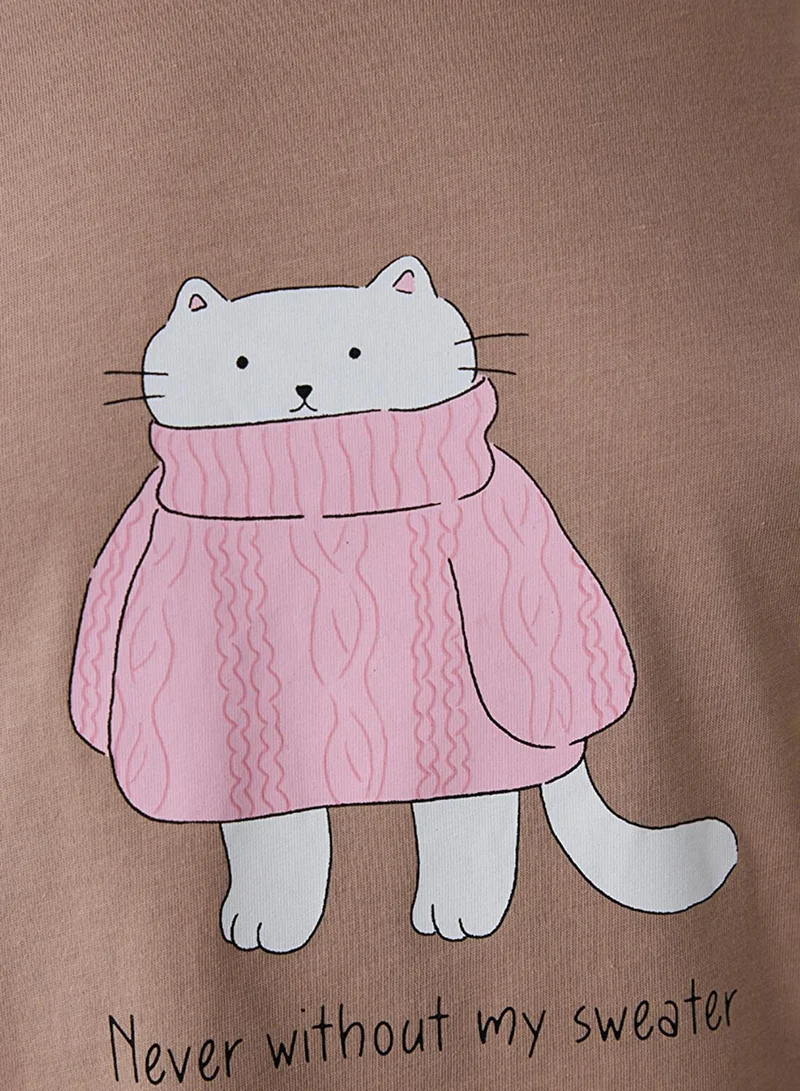 بنتي Crew Neck Slogan Printed Cotton Sweatshirt Pajama Set